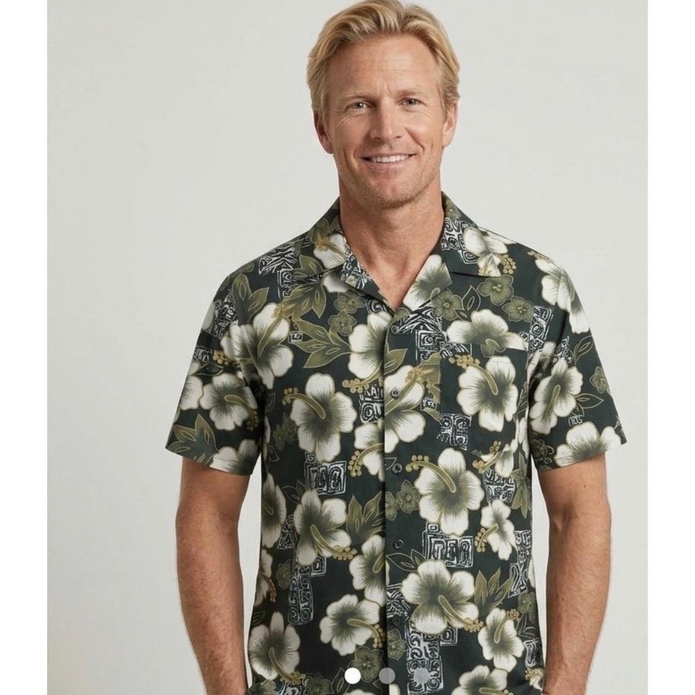 Proxy Mens Hibiscus Tiki Tropical Print Short Sleeve Button Down Shirt Green S